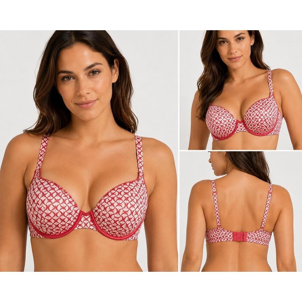 Maidenform Underwire Bra Womens 34DD Pink Red Geometric Print Full Coverage